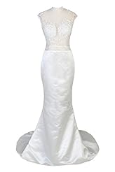 Sexy Sheer Lace Cap Sleeves High-Neck Mermaid Satin Prom Dress/Wedding Dress  with a Brush/Sweep Train 