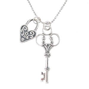 Antique Style Victorian Key with Scrolls and Heart Lock Pendants in Sterling Silver on an 18" Rhodium and Sterling Silver Bead Chain, #8009