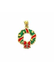 14k Yellow Gold Enamel Green Red Christmas Wreath Charm Pendant