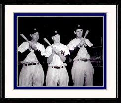 Option #6: Boston Red Sox Ted Williams, Joe DiMaggio, and Mickey Mantle holding bats over their shoulders side by side to each other - 11