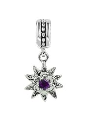 Sterling Silver Dangle Sunflower Charm with Amethyst Gemstone, Fits Pandora, Jovana Bracelet, Is a Nice Pendant