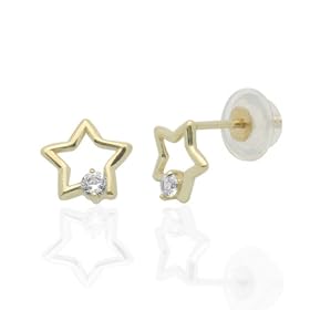 14K Gold Stud Earring CZ Fancy Star With Accent Yellow Gold Earring With Screw Back For Kids & Teens