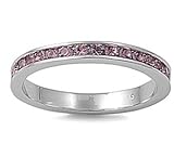 Rhodium Plated Sterling Silver 3mm Light Amethyst CZ Ring (Size 4 - 12)