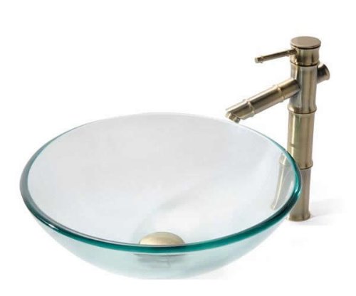 Kraus Round Clear Glass Vessel Sink and Bamboo Faucet C-GV-101-12mm-1300AB: 16.5