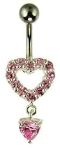 Silver Ladies Pink Cubic Zirconia Twin Heart Drop Body Bar