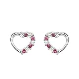 .925 Sterling Silver Rhodium Plated Open Heart Red CZ Stud Earrings with Screw-back for Children & Women