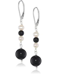 Sterling Silver Leverback Linked Freshwater Cultured Pearl with Black Onyx Drop Earrings