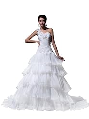 A-line One Shoulder Organza Tiered Lace-Up Floral Print Wedding Dress 