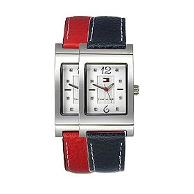 Tommy Hilfiger Women's Crystal Reversible Red And Navy Leather Strap Watch #1780565