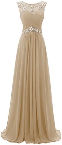 Voguevers Women's Long Bridesmaid Chiffon Beaded Prom Evening Dresses Champagne US 14