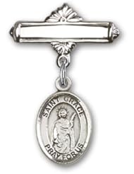 Sterling Silver Baby Badge with St. Grace Charm and Polished Badge Pin