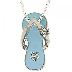 Light Blue Enamel Pendant Necklace in 925 Solid Silver Flower Sandal - 16 Inch