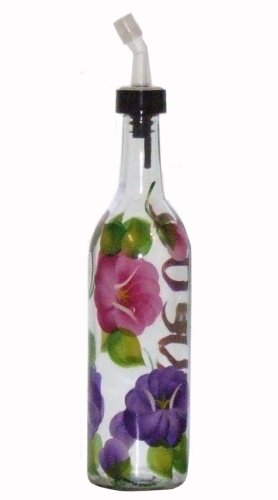 ArtisanStreet's Clear Glass Oil Bottle. Hand Painted with Pansy Design. Features Open & Close Spout. Made to Order, Signed by Artisan.