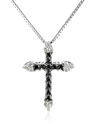 Womens 10K White Gold Black and White Diamond Cross Pendant Necklace (1/10 cttw, Black/ I-J Color, I2 Clarity) 18"
