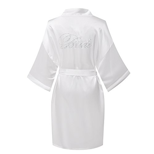 KimonoArt Satin Rhinestone Short Kimono Robe for Bride Bridesmaid Maid of Honor