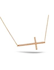 Sterling Silver Rose Gold Plated Sideways 1.5 Inch Cz Cross Necklace 16 Inch Plus 1 Inch Adjustable Chain