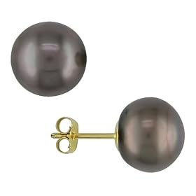 14K Yellow Gold 10-10.5mm Black Cultured Freshwater Pearl Earrings by 