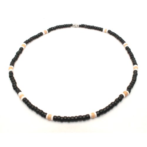 5mm Black Coco Bead Hawaiian Surfer Necklace with White Puka Shell and Coco Bead Accents, Barrel Lock