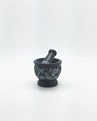 Mortar and Pestle Soapstone Hand Carved Black and White Floral Vine Design
