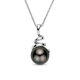 14k White Gold Round Black Tahitian Pearl Pendant with Chain