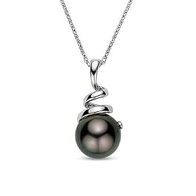14k White Gold Round Black Tahitian Pearl Pendant with Chain by Mondera