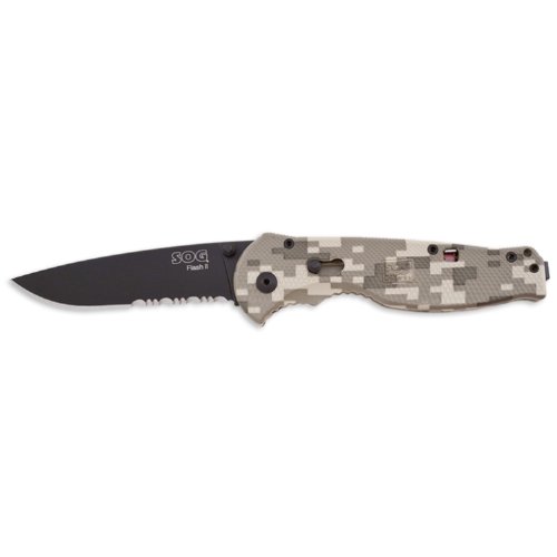 SOG Specialty Knives & Tools DFSA98-CP Flash II Knife with Part-Serrated Folding 3.5-Inch Steel Blade and GRN Camo Handle, Hardcase Black TiNi Finish SOG Specialty Knives & Tools DFSA98-CP Flash II Knife with Part-Serrated Folding 3.5-Inch Steel Blade and GRN Camo Handle, Hardcase Black TiNi Finish