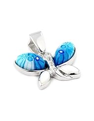 0.75" X 0.8" Light Blue Millefiori Murano Glass And Cz Small Butterfly Sterling Silver Pendant By Alan K