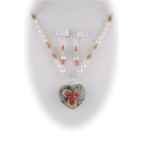Murano Glass Orange Flower Heart Pendant Freshwater Pearl Earrings Necklace Sterling Silver ne1297