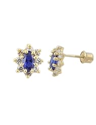 Little girl earrings 14k yellow Gold blue flower, cz stones, with screw back, gold sometimes is better for sensitive or allergic reaction
