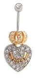 Stainless Steel Belly Ring with Clear Crystals - Juicy Heart Dangling