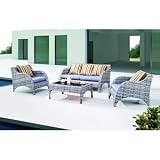 Lexington Modern Stoic White Outdoor Rattan Chair, Gray and Cream with Tan Cushions