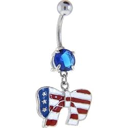 Sapphire Blue Cz Gem American Flag Ribbon Dangle Belly Ring