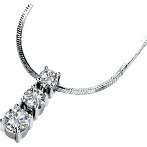 14K White Gold Created Moissanite Three Stone Pendant Slide On 18 Inch Diamond Cut Snake Chain