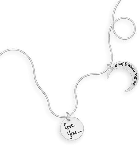 Sterling Silver Snake Chain Necklace, LOVE YOU TO THE MOON AND BACK Charms, 18 inch