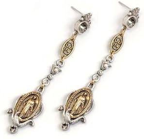 Sweet Romance, Ollipop, Catholic Designer St. Mary Miraculous Medal Earrings, Long Dangle, Vintage Style