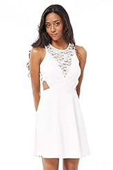 Stretchy Cutout Lace Round Neck Elastane/Polyester Fall Sleeveless Skater Dress/Evening Dress 