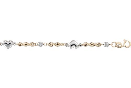 14K Two Tone Gold Mirror Bead and Heart Anklet