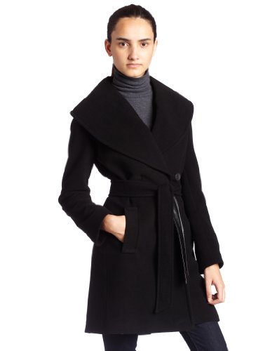 Larry Levine Womens Shawl Collar Belted Wrap Coat, Black,