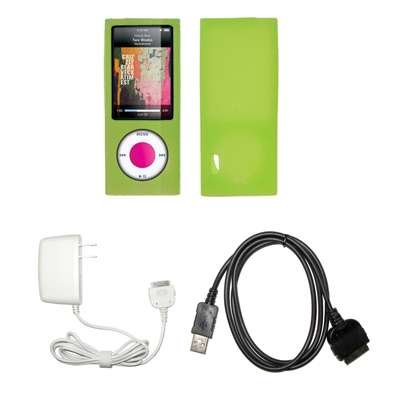 Premium Neon Green Soft Silicone Gel Skin Cover Case + Wall Travel/Home Charger + USB Data Charge Sync Cable for Apple iPod Nano 5G, 5th Generation