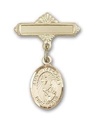 14K Gold Baby Badge with St. Margaret Mary Alacoque Charm and Polished Badge Pin
