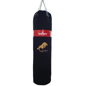 Canvas Kick Boxing Punch bags Filled Martial Arts Punchbag with Chain & bag mitts Black with Red Stripe 3ft