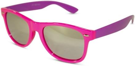 Two Tone Neon Contrast Style Sunglasses with Silver Mirrored Lens (Pink with Purple Temples)