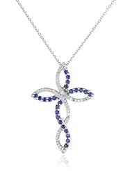 Sterling Silver Created Blue Sapphire and Diamond Cross Pendant Necklace
