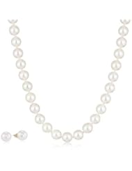 Perfect Bridal Gift - 14k Yellow Gold 8-8.5mm White Hand-picked Genuine Cultured Freshwater Pearl Necklace 18" and Stud Earring Jewelry Set Gift Boxed