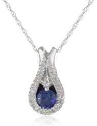 10k White Gold Teardrop Created Blue Sapphire Diamond-Accent Pendant Necklace (0.05 cttw, I-J Color, I2-I3 Clarity), 18