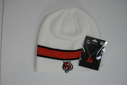 Cincinnati Bengals Gift Set - Reebok White Knit Beanie Cap - Logo Pendant Necklace