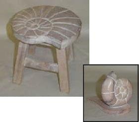Nautilus Shell Hand Carved Wooden Stool and Doorstop Set (Whitewashed)