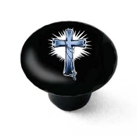 Cross and Rosary Beads Decorative High Gloss Black Ceramic Drawer Knob by Decoration Sensation