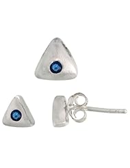 Sterling Silver Matte-finish Triangular Earrings (6mm tall) & Pendant Slide (7mm tall) Set, w/ Brilliant Cut Blue Sapphire-colored CZ Stones