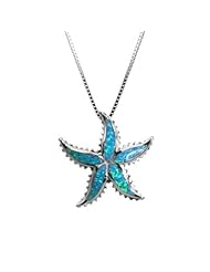 Sterling Silver Starfish Necklace Pendant with Blue Opal and Box Chain
